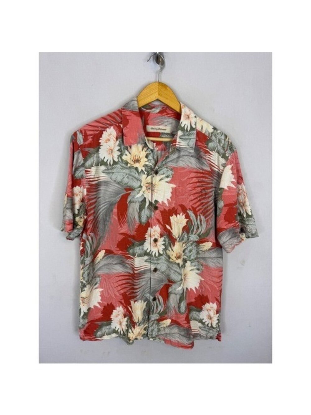 Tommy Bahama Mens Medium Silk Tropical Floral Palm Camp Shirt Coral Red